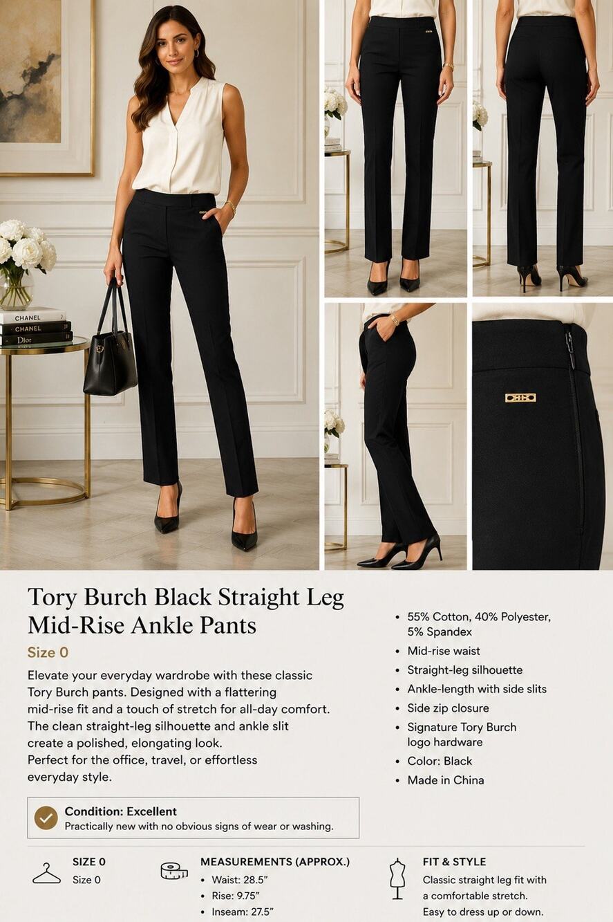Tory Burch Black Straight Leg Mid-Rise Ankle Pants Stretch Size 2 Classic Chic